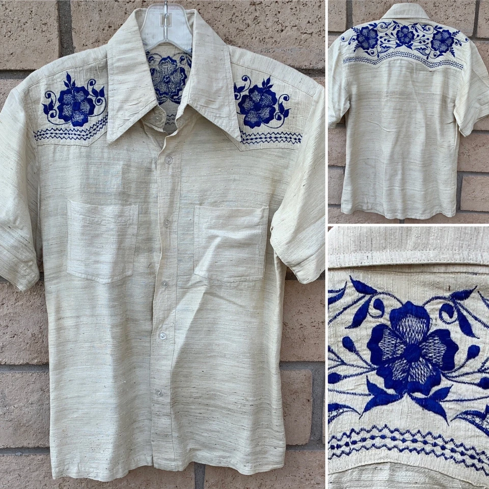 Camisa occidental vintage floral bordada bolsillos en el pecho tela tejida núcleo de vaquero Foto 1 de 4