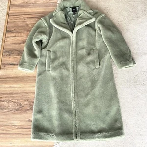 FOREVER 21 Womens Size Large Coat Sage Plush Teddy Faux Sherpa Open Long Worn 1x - Picture 1 of 3