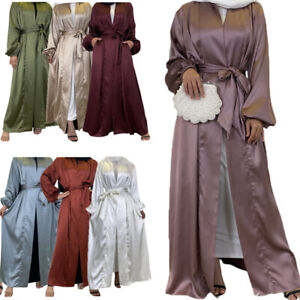 Satin Abaya Women Muslim Long Maxi Dress Turkey Arab Open Cardigan Dubai Arabic