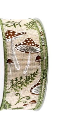 Brown Mushrooms 1.5" by 2 yards Green Ferns Wired Ribbon Late Summer Woodland - Image 1 of 4