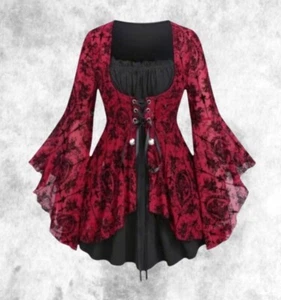 New Red Gothic Corset Baroque Cameo Flared Sleeve Blouse Top size M 14 16 18 - Picture 1 of 5