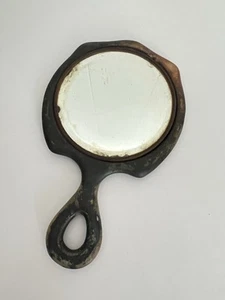 Antique Vtg Wood  BEVELED GLASS Hand MIRROR Old Worn Loop Handle Unique Vanity - Picture 1 of 5
