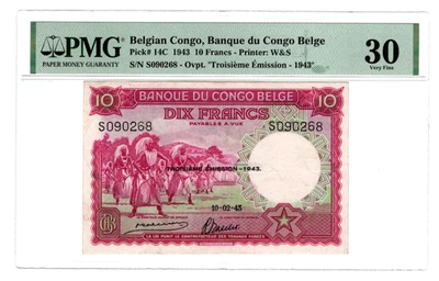 1943 Congo Belga, Banque Du Congo Belge, 10 diez francos, Pick# 14C, PMG VF 30 Foto 1 de 2