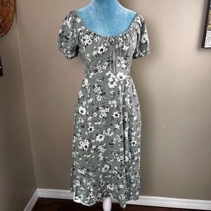 Abito midi Hollister donna M a strati su spalle scoperte contadino salvia floreale elasticizzato - Foto 1 di 17