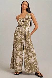 NWT ANTHROPOLOGIE HUTCH POPLIN BOW WIDE LEG FLORAL JUMPSUIT ROMPER MOSS GREEN S - Picture 1 of 7