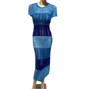 Knit Mix Crochet Open Knit See Thru Maxi Dress Size L Blue Stripe Beach Festival - Picture 1 of 14