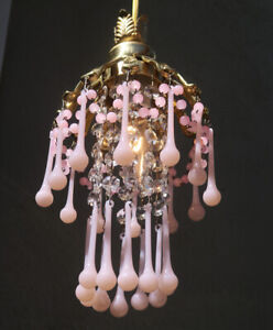 PALM SWAG Lamp Brass chandelier Vintage Opaline Pink glass crystal prisms beaded