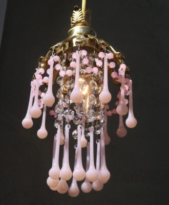 PALM SWAG Lamp Brass chandelier Vintage Opaline Pink glass crystal prisms beaded - Image 1 of 4