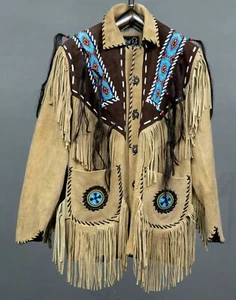 Chaqueta occidental de nativos americanos flecos de cuero gamuza y cuentas indias abrigo de trabajo - Imagen 1 de 4