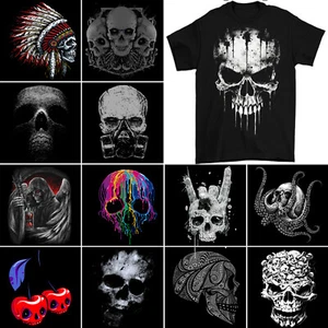 Skull T-Shirt Mens Biker Tattoo Tribal Viking Demon Gym Heavy Metal Rock Death - Picture 1 of 31