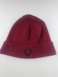 embroidered True Religion knitted ribbed maroon beanie ONE SIZE - Picture 1 of 2