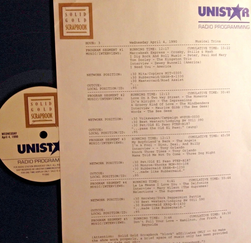 RADIO SHOW 4/4/90 TRIOS: CS&N, PP&M, KINGSTON TRIO, AMERICA, MOMENTS, BEE GEES - Image 1 of 1