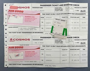 COSMOS HOLIDAYS AIR 2000 VINTAGE USED AIRLINE TICKET & BOARDING PASS VENICE 1996 - Picture 1 of 5