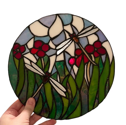Tiffany Style Stained Art Glass Window Sun Catcher Round Flowers Dragonfly 9.5” Cover