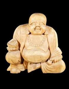Vintage Holz geschnitzt lachender sitzender Buddha Statue - Bild 1 von 6
