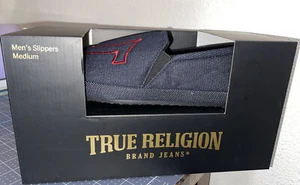 NEW True Religion Men's Slippers Shoes Size Medium 9-10 Denim with Red Logo  - Picture 1 of 3