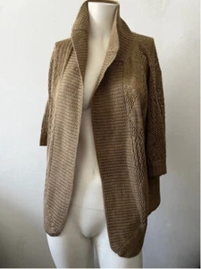 Vintage 80s Jintu Brown Knit shawl collar short sleeve wool blend Cardigan M - Picture 1 of 10