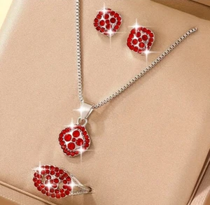 Red Crystal Square Silver 3Pcs Jewellery Set Birthday Anniversary Gift - Picture 1 of 5