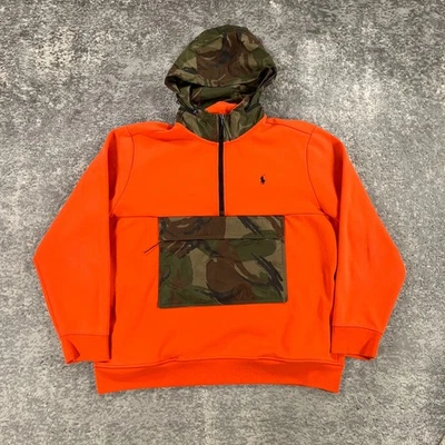Polo Ralph Lauren Hoodie Mens XL Safety Orange Camo Hybrid 1/4 Zip Pullover Pony - Image 1 of 4