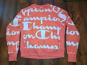 CHAMPION Reverse Weave Orange Sweatshirt Size Large AOP Spellout Logo Unisex - Picture 1 of 4