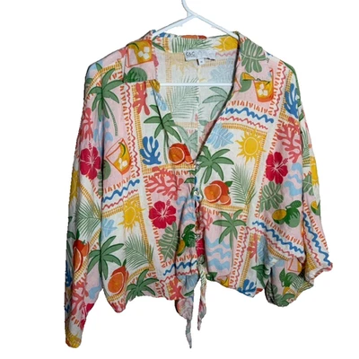 C&C California Blouse Women's XL Button Up Tie Summer Fruit Artsy Colorful Top - Image 1 of 4