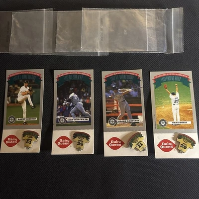 SEATTLE MARINERS MAGIC MOMENTS 4 LAPEL PIN SET w/CARDS -DAIRY QUEEN SPONSOR - Image 1 of 4
