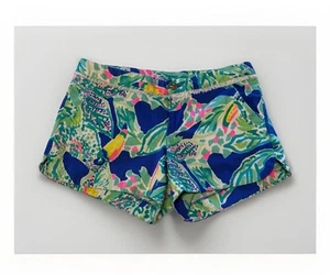 Lilly Pulitzer Blue Green Pink Tropical Toucan Print Shorts Size 2, 100% Cotton - Picture 1 of 4