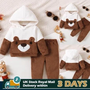 UK Baby Boys Fleece Fur Teddy Bear Tracksuit Hooded Hoodie Tops Pants Outfit Set - Picture 1 of 15