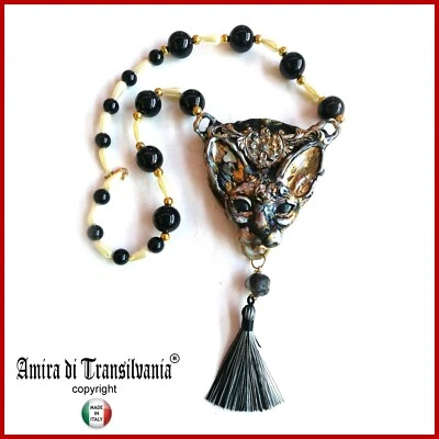 gatto sphynx pendente gioiello donna collana bigiotteria pendaglio argento perle - Immagine 1 di 4