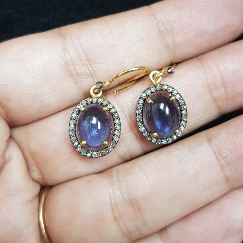 Iolite Gemstone 14K Gold Diamond Pave Hook Earrings 925 Silver Fine Gift Jewelry - Image 1 of 4