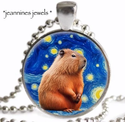 COLLAR Capibara Van Gogh Noche estrellada Arte Impresión Plata Dije Colgante Collar Foto 1 de 4