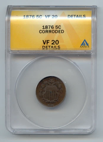 1876 Shield Nickel, ANACS VF-20 Details Cover