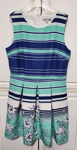 Madison Leigh Dress Size 14 Striped Green Blue White Pleated Women Size 14 EE-26 - Picture 1 of 13
