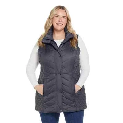 NWT Women's Weathercast Quilted Long Puffer Vest Coat Smoke Gray L $150 9A277 - Image 1 of 2