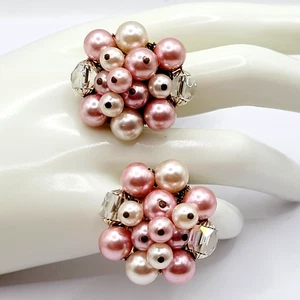 Rosa Rouge Perlen Cluster mit funkelndem Glas Fancy Vintage Clip auf Ohrringe Japan - Bild 1 von 24
