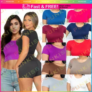 Women's Basics Short Sleeve Round Neck Crop Top Stretch Knit Workout Casual - Picture 1 of 77