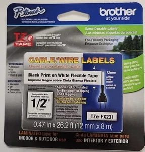 Brother P-Touch TZe-FX231 White 1/2” x 26’ Laminated Cable Wire Labeling Tape - Picture 1 of 4