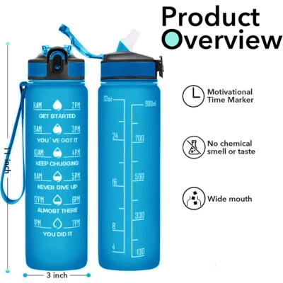 32oz Motivational Water Bottle with Time Marker and Straw Wide Mouth Leakproof - Image 1 of 4