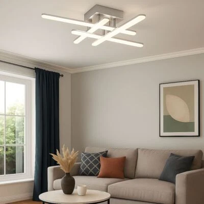 Plafoniera Lampada da Soggiorno 4 Fiamma Metallo Cromato Opaco LED L 55cm - Immagine 1 di 4