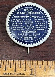 McELWAIN SHOES, offer $5 for anyone finding paper in shoes, Pinback Button, - Picture 1 of 2
