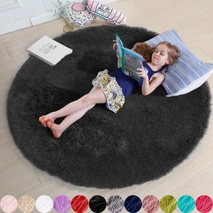 Black Round Rug 4Ft for Bedroom, Fluffy Circle Area Rugs for Living Room Deco... - Picture 1 of 8