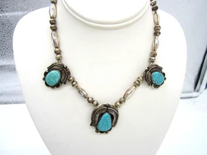 Estate Signed B D Sterling Silver Blue Turquoise Leaf 3 Pendant Beaded Necklace - Picture 1 of 7