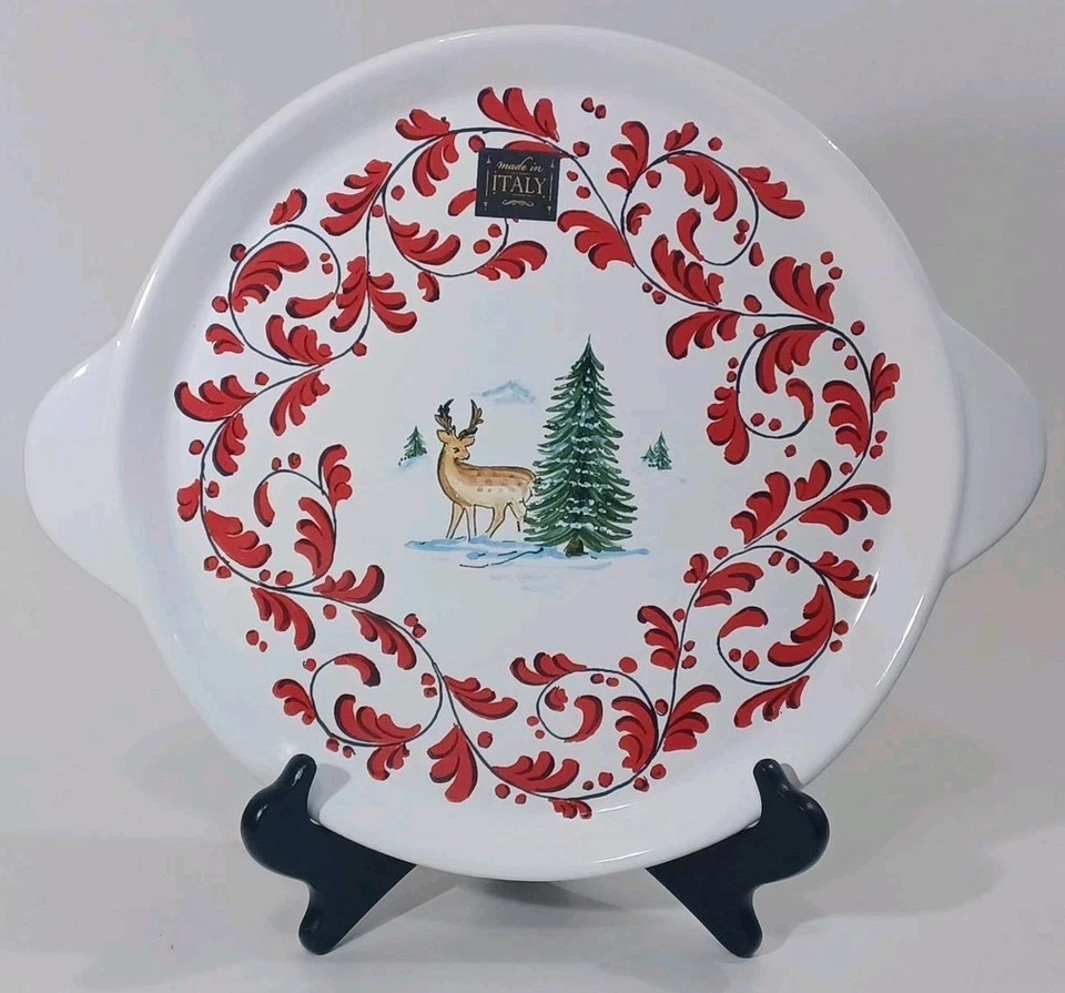 Nova Deruta 12" Italian Ceramic Round Serving Tray Deer Trees Red Leaf Scroll - Image 1 of 1