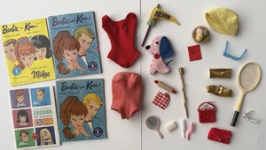 Vintage Barbie Doll 1960s Mattel ACCESSORIES LOT Swimsuit, Hats, Purses Knitting - Picture 1 of 11