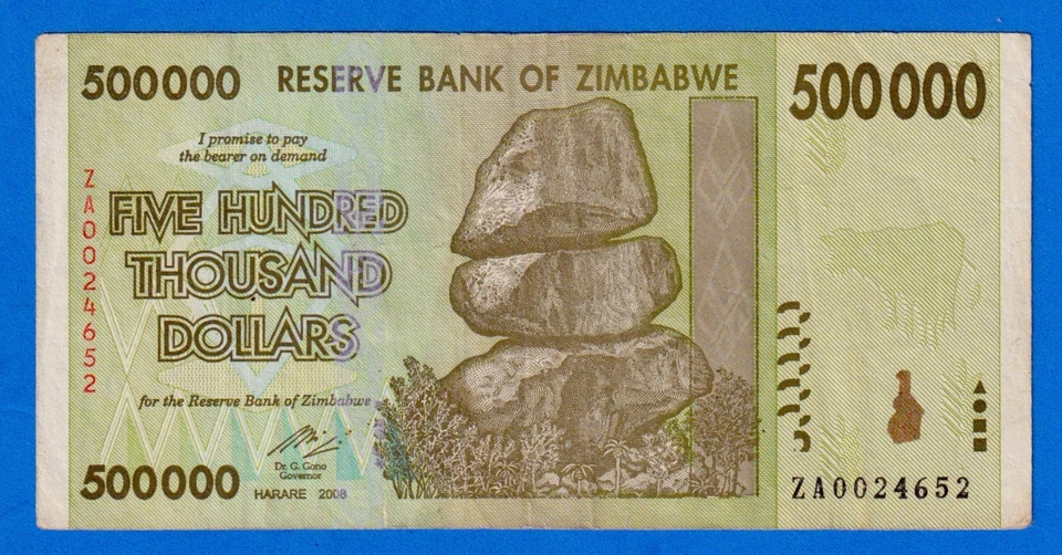 Zimbabwe 500000 500,000 Dollars 2008 P-76  Circ. Replacement Note ZA0024652 RARE - Image 1 of 4