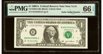 2003A $1 Radar Serial Number Note New York 66 EPQ PMG Gem UNC 723 - Image 1 of 2