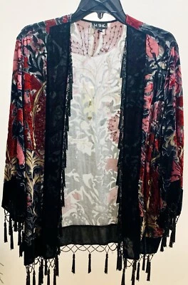 MSK Velvet Burnout Kimono Red/Black Beaded Fringe Sequin Jacket Shawl Size Large - Image 1 of 4