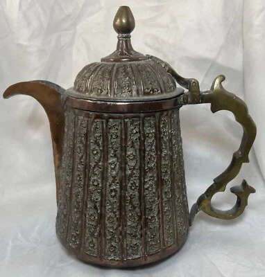Antique Indian Kashmir Coffee Pot EWER Copper & Brass-Hand Hammered - Image 1 of 4