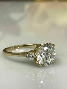 3Ct Round Real Moissanite Past Present Ring 14K Yellow Gold Plated Silver