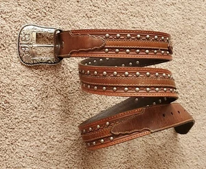 Ariat Brown Leather Metal Studded Western Belt 2007 Limited Edition Buckle Men's - Picture 1 of 7